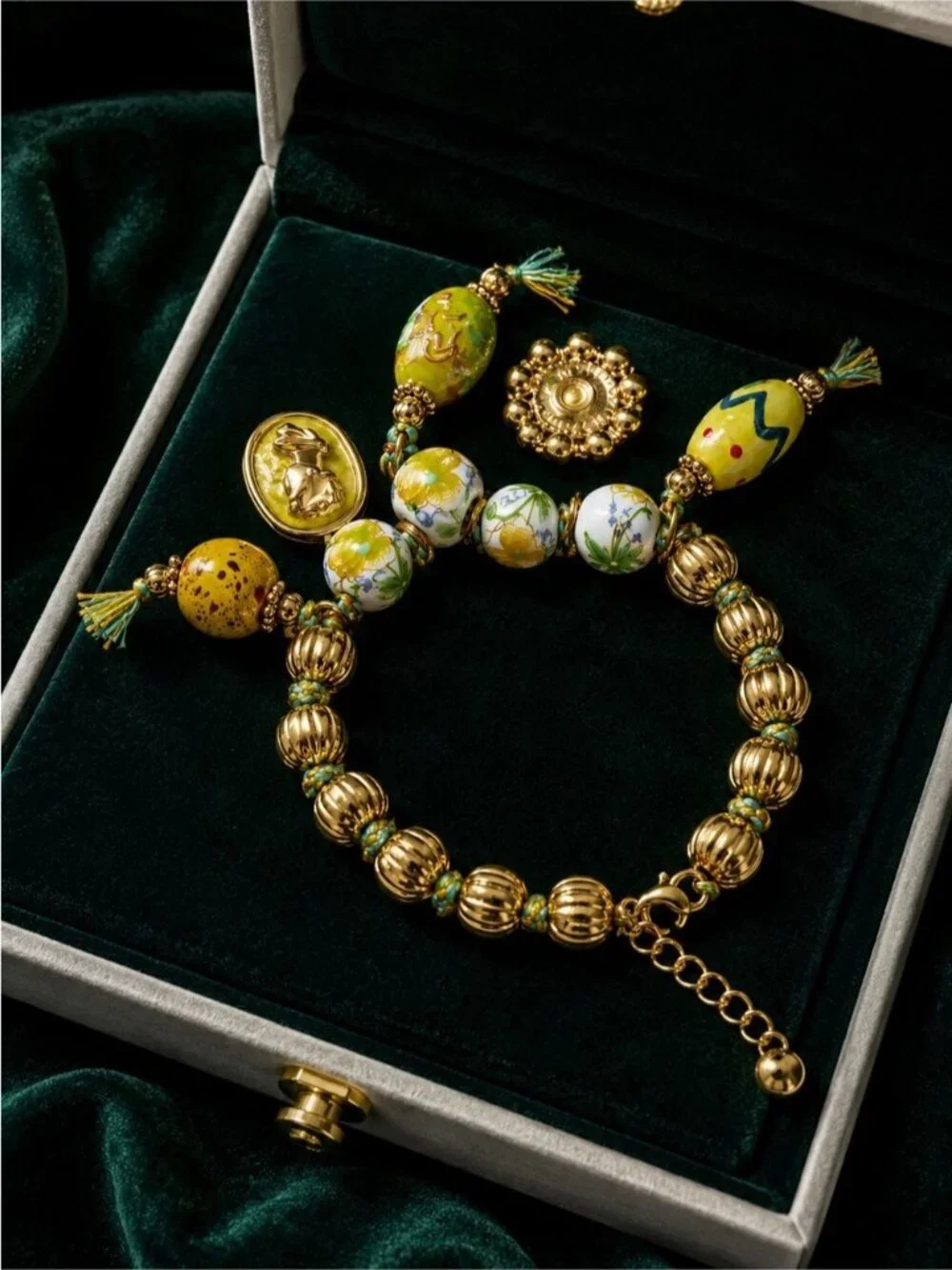 Gold-tone Necklace with Green, Yellow and White Beaded Charms